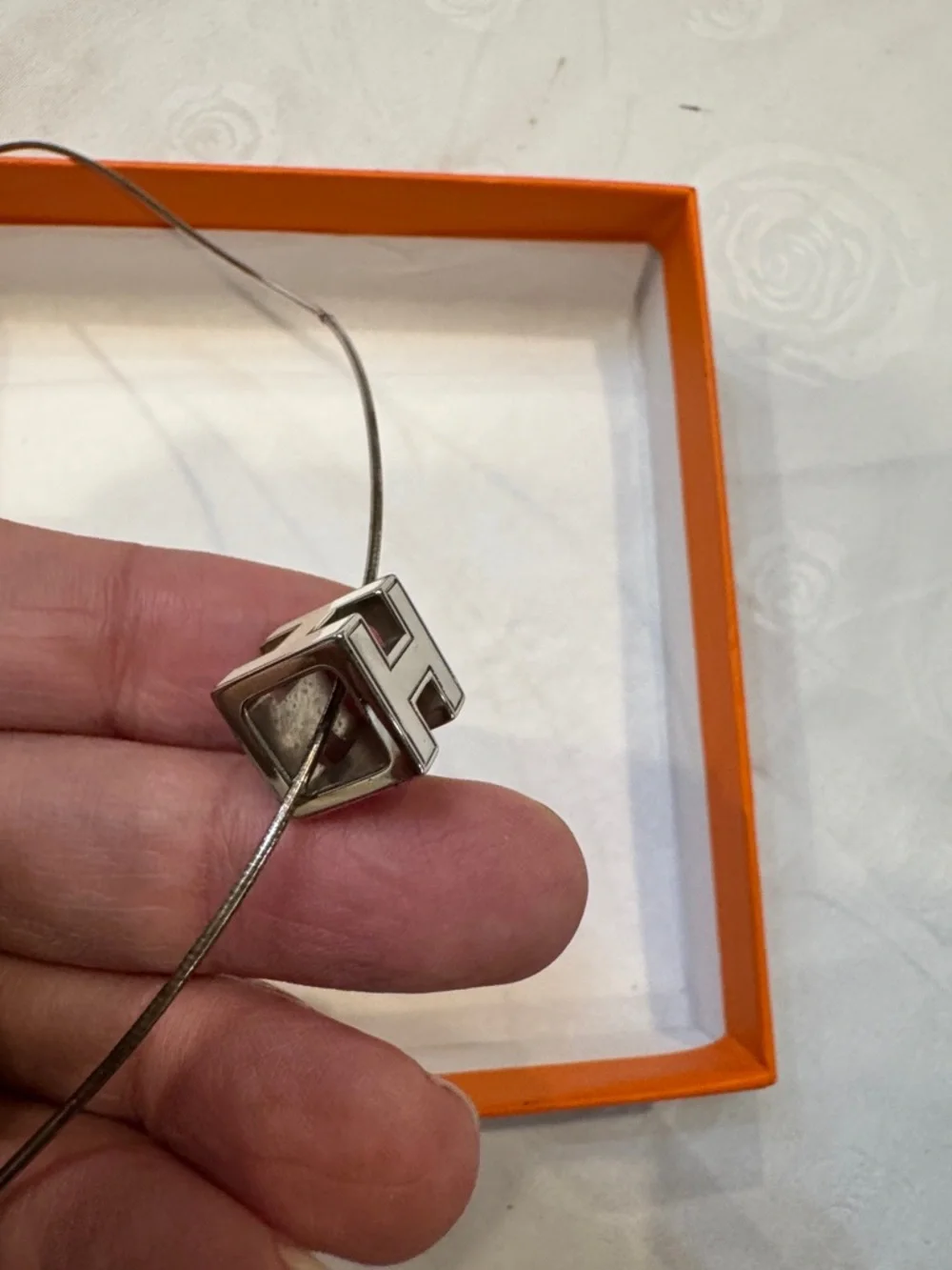Authentic Hermes Silver Cube ‘H' Pendant Necklace - Picture 5 of 8